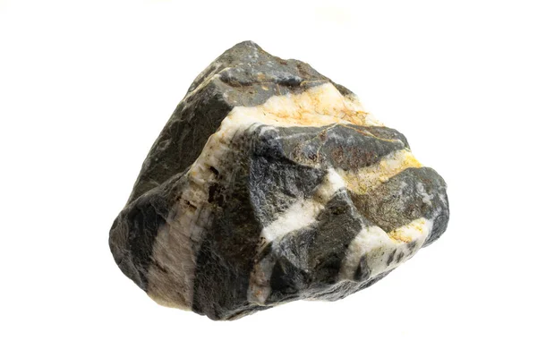 Черный Камень Белыми Кварцевыми Полосками Белом Изолированном Фоне — стоковое фото