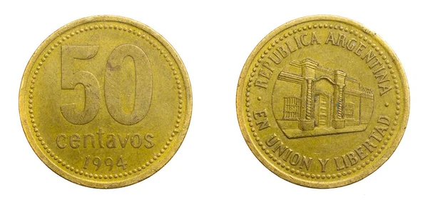 Moneda Argentina Cincuenta Centavos Sobre Fondo Blanco Aislado —  Fotos de Stock