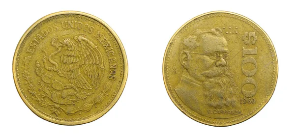 メキシコ白い孤立した背景に100ペソ硬貨 — ストック写真