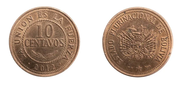 Монета Боливии Десять Сентаво Белом Изолированном Фоне — стоковое фото
