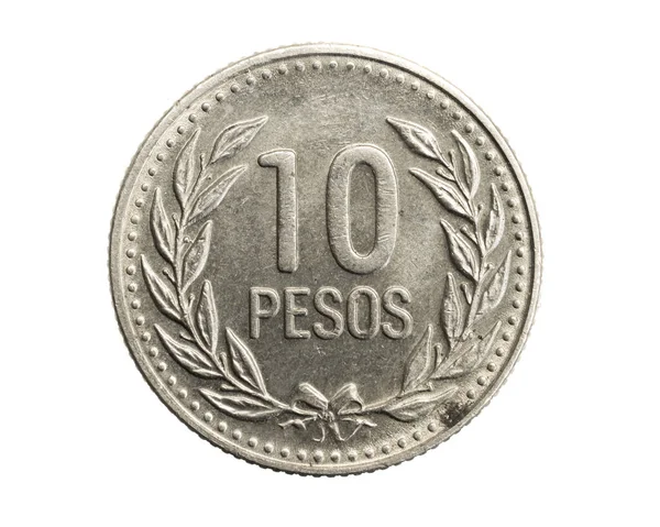 Colombia Ten Pesos Coin White Isolated Background — Stock Photo, Image