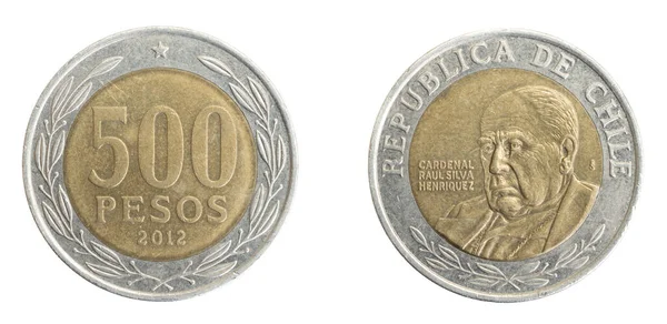 Chile Cinci Sute Monede Pesos Fundal Izolat Alb — Fotografie, imagine de stoc