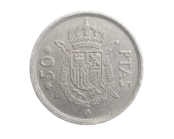 Spain Fifty Ptas Coin White Isolated Background — Stock Photo, Image