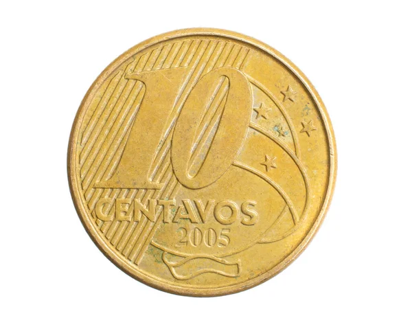 Brazilië Tien Centavos Munt Een Witte Geïsoleerde Achtergrond — Stockfoto