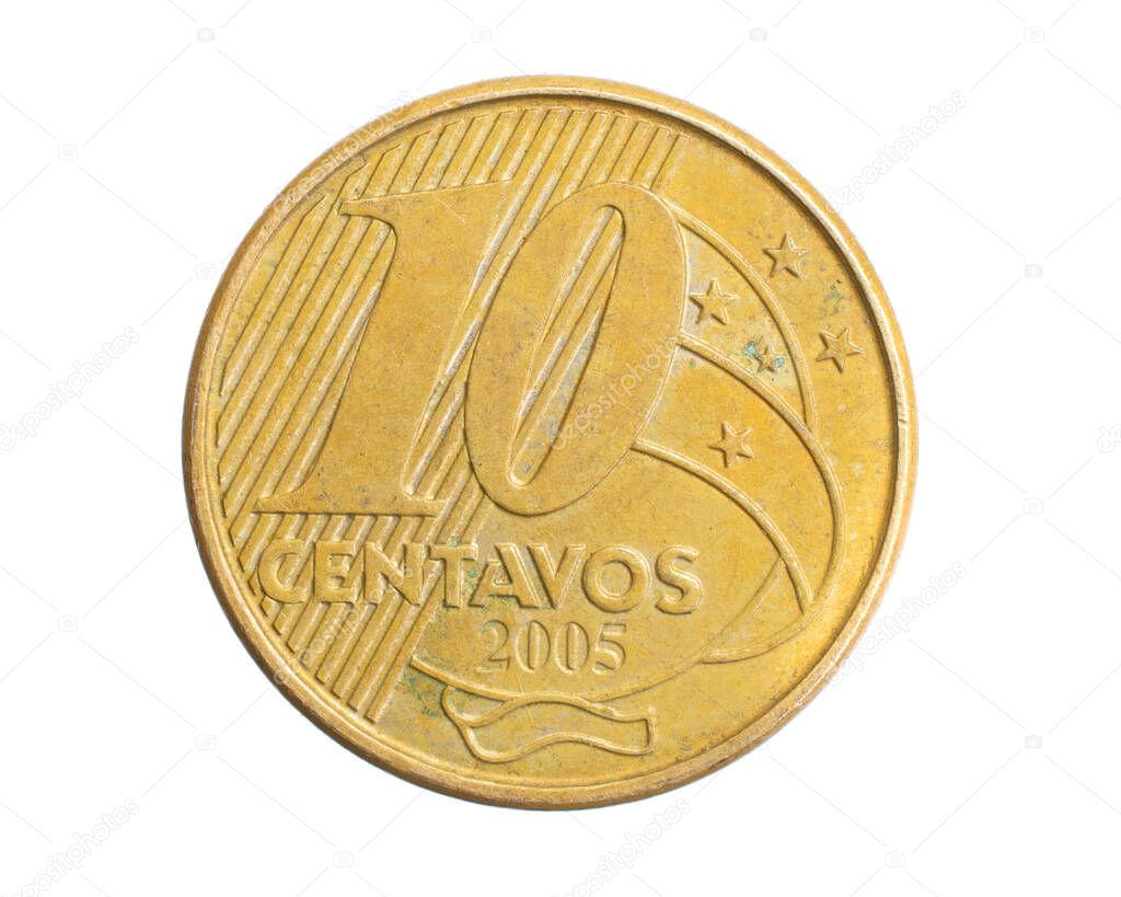 Brazil ten centavos coin on a white isolated background