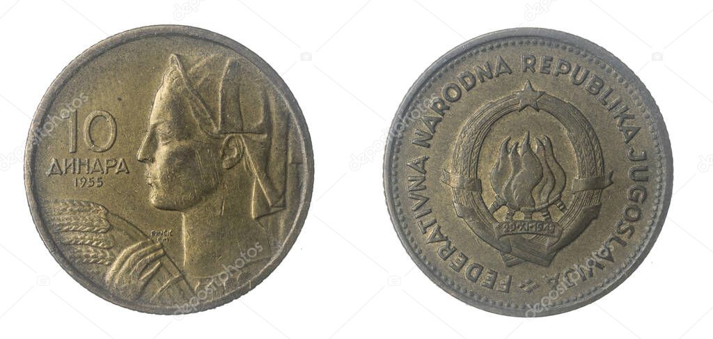 Yugoslavia ten dinara coin on a white isolated background