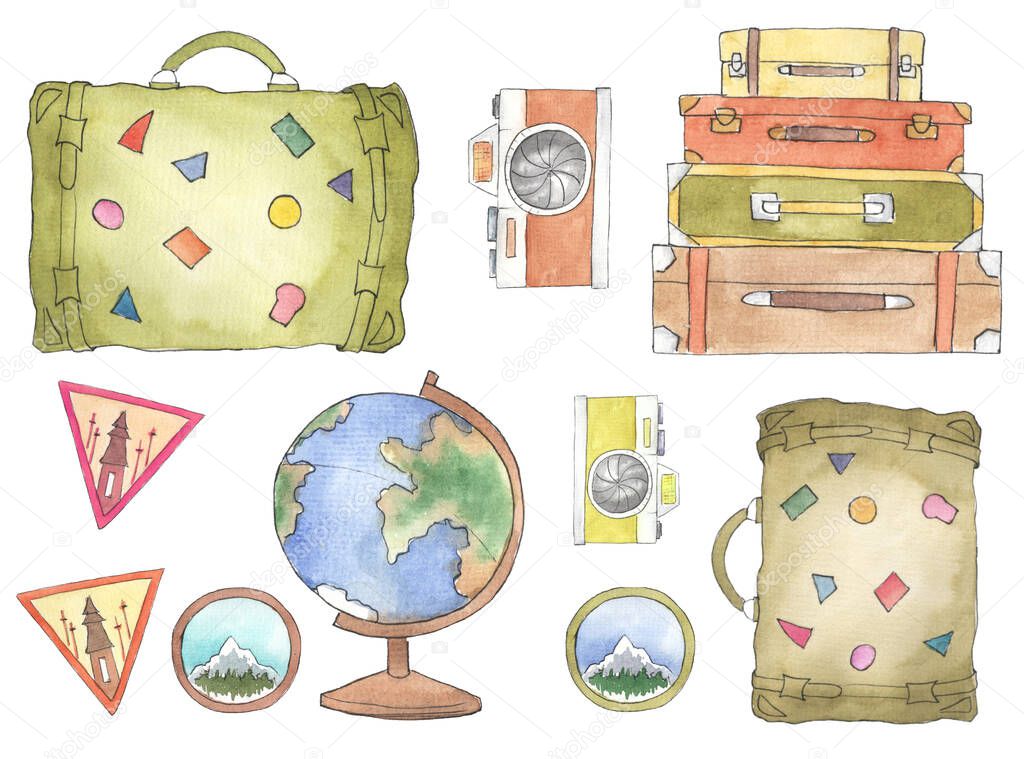 Travel block with bags, globe and camera