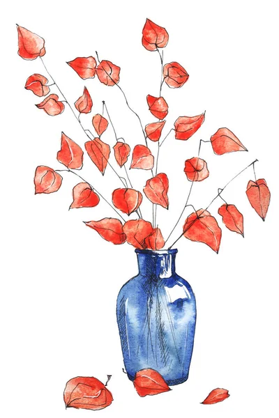 Őszi Csendélet Kék Vázával Narancs Virágokkal — Stock Fotó