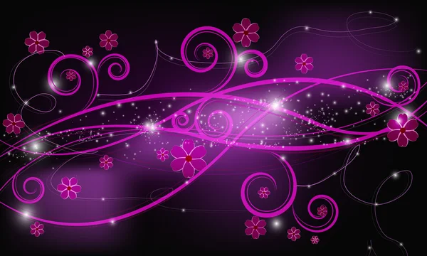 Fondo negro con flores y estrellas — Vector de stock