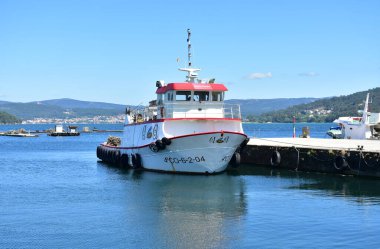 Freixo, İspanya. 19 Haziran 2020. Ünlü Rias Baixas Bölgesi 'nde bir limanda Galiçya balıkçı tekneleri olan körfez..