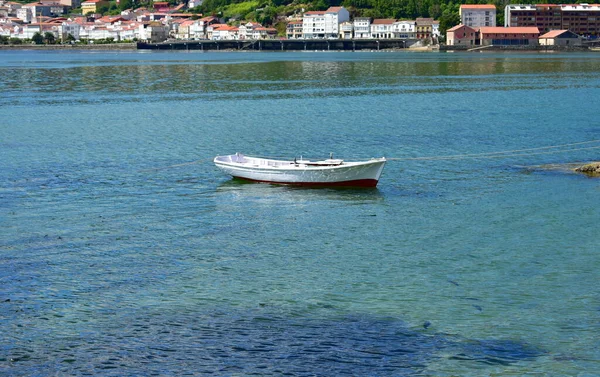 White Wooden Rowboat Floating Sea Moored Famous Rias Baixas Galicia — Stok fotoğraf