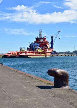 Corcubion, Spain. July 11, 2020. Spanish rescue vessel known as Salvamento Maritimo at galician harbor. Coruna Province, Rias Baixas, Galicia Region.