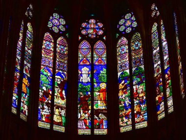 Paris, France. August 12, 2019.  Apse stained glass windows at Basilique Royale de Saint-Denis.  clipart