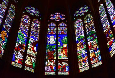 Paris, France. August 12, 2019.  Apse stained glass windows at Basilique Royale de Saint-Denis.  clipart