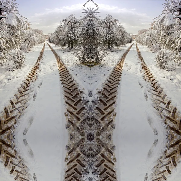 Symmetric tractor imprints  on a country road in snow — Stock Photo, Image