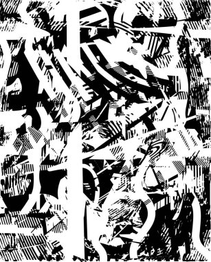 Siyah beyaz desenli, noktalı, lekeli, çizik ve çizikli sıkıntılı bir arkaplan. Soyut vektör illüstrasyonu.