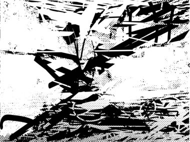 Siyah beyaz desenli, noktalı, lekeli, çizik ve çizikli sıkıntılı bir arkaplan. Soyut vektör illüstrasyonu.