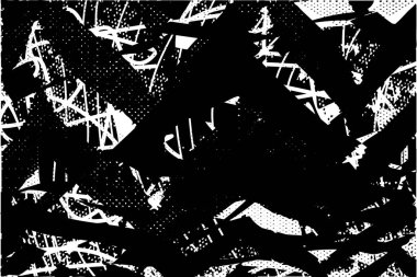 Siyah beyaz desenli, noktalı, lekeli, çizik ve çizikli sıkıntılı bir arkaplan. Soyut vektör illüstrasyonu.