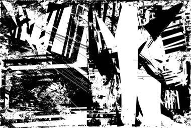 Siyah beyaz desenli, noktalı, lekeli, çizik ve çizikli sıkıntılı bir arkaplan. Soyut vektör illüstrasyonu.