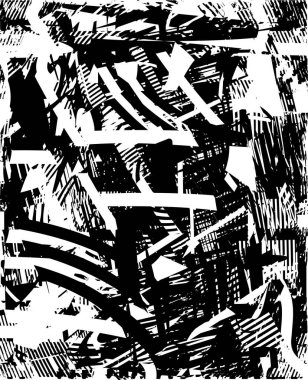 Siyah beyaz desenli, noktalı, lekeli, çizik ve çizikli sıkıntılı bir arkaplan. Soyut vektör illüstrasyonu.