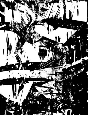 Siyah beyaz desenli, noktalı, lekeli, çizik ve çizikli sıkıntılı bir arkaplan. Soyut vektör illüstrasyonu.