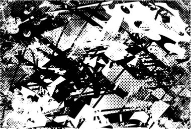 Siyah beyaz desenli, noktalı, lekeli, çizik ve çizikli sıkıntılı bir arkaplan. Soyut vektör illüstrasyonu.