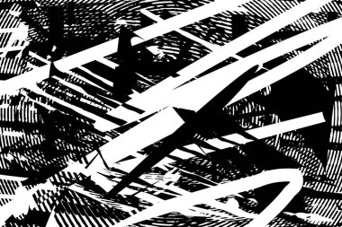 Siyah beyaz desenli, noktalı, lekeli, çizik ve çizikli sıkıntılı bir arkaplan. Soyut vektör illüstrasyonu.