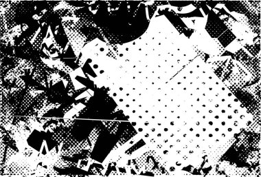 Siyah beyaz desenli, noktalı, lekeli, çizik ve çizikli sıkıntılı bir arkaplan. Soyut vektör illüstrasyonu.