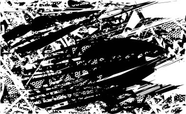 Siyah beyaz desenli, noktalı, lekeli, çizik ve çizikli sıkıntılı bir arkaplan. Soyut vektör illüstrasyonu.