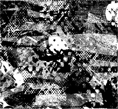 Siyah beyaz desenli, noktalı, lekeli, çizik ve çizikli sıkıntılı bir arkaplan. Soyut vektör illüstrasyonu.