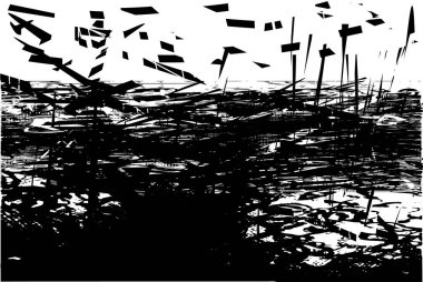 Siyah beyaz desenli, noktalı, lekeli, çizik ve çizikli sıkıntılı bir arkaplan. Soyut vektör illüstrasyonu.