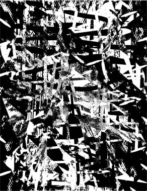 Siyah beyaz desenli, noktalı, lekeli, çizik ve çizikli sıkıntılı bir arkaplan. Soyut vektör illüstrasyonu.