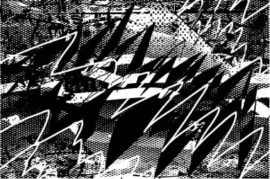 Siyah beyaz desenli, noktalı, lekeli, çizik ve çizikli sıkıntılı bir arkaplan. Soyut vektör illüstrasyonu.