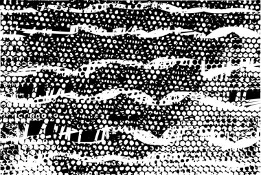 Siyah beyaz desenli, noktalı, lekeli, çizik ve çizikli sıkıntılı bir arkaplan. Soyut vektör illüstrasyonu.