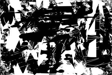 Siyah beyaz desenli, noktalı, lekeli, çizik ve çizikli sıkıntılı bir arkaplan. Soyut vektör illüstrasyonu.