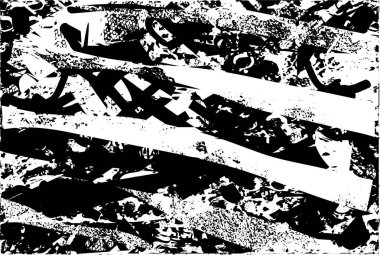 Siyah beyaz desenli, noktalı, lekeli, çizik ve çizikli sıkıntılı bir arkaplan. Soyut vektör illüstrasyonu.