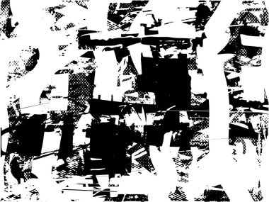 Siyah beyaz desenli, noktalı, lekeli, çizik ve çizikli sıkıntılı bir arkaplan. Soyut vektör illüstrasyonu.