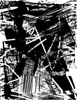 Siyah beyaz desenli, noktalı, lekeli, çizik ve çizikli sıkıntılı bir arkaplan. Soyut vektör illüstrasyonu.