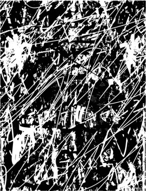 Siyah beyaz desenli, noktalı, lekeli, çizik ve çizikli sıkıntılı bir arkaplan. Soyut vektör illüstrasyonu.