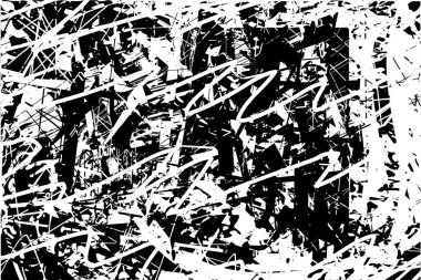 Siyah beyaz desenli, noktalı, lekeli, çizik ve çizikli sıkıntılı bir arkaplan. Soyut vektör illüstrasyonu.