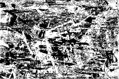 Siyah beyaz desenli, noktalı, lekeli, çizik ve çizikli sıkıntılı bir arkaplan. Soyut vektör illüstrasyonu.