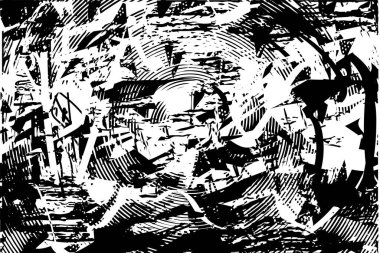 Siyah beyaz desenli, noktalı, lekeli, çizik ve çizikli sıkıntılı bir arkaplan. Soyut vektör illüstrasyonu.