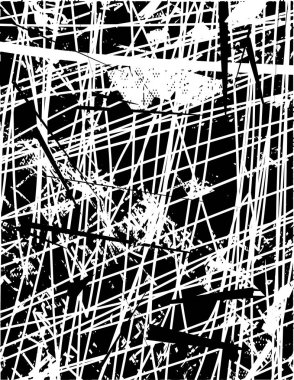 Siyah beyaz desenli, noktalı, lekeli, çizik ve çizikli sıkıntılı bir arkaplan. Soyut vektör illüstrasyonu.