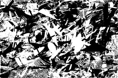 Siyah beyaz desenli, noktalı, lekeli, çizik ve çizikli sıkıntılı bir arkaplan. Soyut vektör illüstrasyonu.