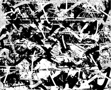 Siyah beyaz desenli, noktalı, lekeli, çizik ve çizikli sıkıntılı bir arkaplan. Soyut vektör illüstrasyonu.