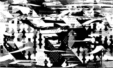 Siyah beyaz desenli, noktalı, lekeli, çizik ve çizikli sıkıntılı bir arkaplan. Soyut vektör illüstrasyonu.