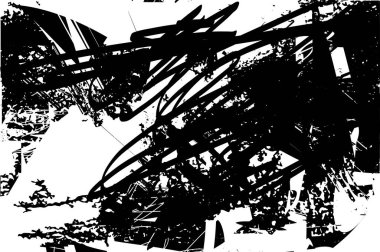 Siyah beyaz desenli, noktalı, lekeli, çizik ve çizikli sıkıntılı bir arkaplan. Soyut vektör illüstrasyonu.