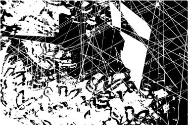 Siyah beyaz desenli, noktalı, lekeli, çizik ve çizikli sıkıntılı bir arkaplan. Soyut vektör illüstrasyonu.