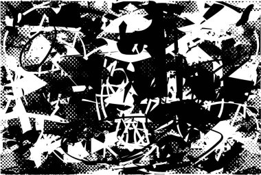 Siyah beyaz desenli, noktalı, lekeli, çizik ve çizikli sıkıntılı bir arkaplan. Soyut vektör illüstrasyonu.