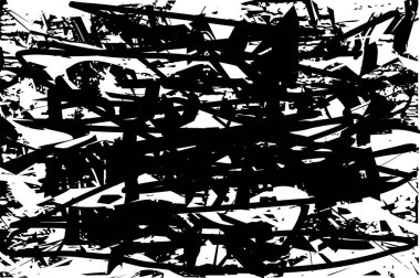 Siyah beyaz desenli, noktalı, lekeli, çizik ve çizikli sıkıntılı bir arkaplan. Soyut vektör illüstrasyonu.